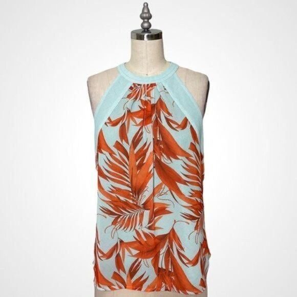 H&M Chiffon Halter Tank Top Tropical Palm Leaf Print Aqua Orange 6 Small - Picture 3 of 10